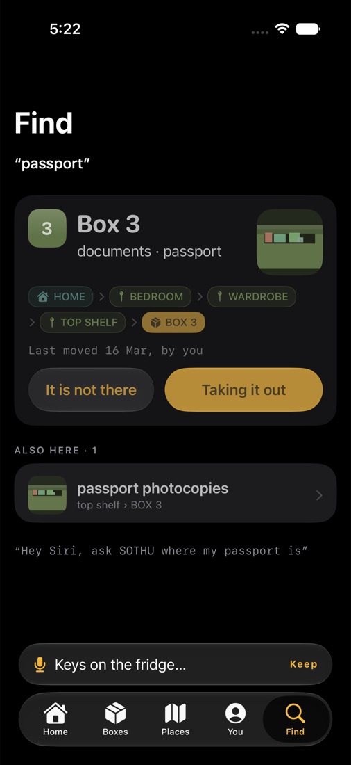 FIND answering “passport” with the path home, bedroom, wardrobe, top shelf, box 3.