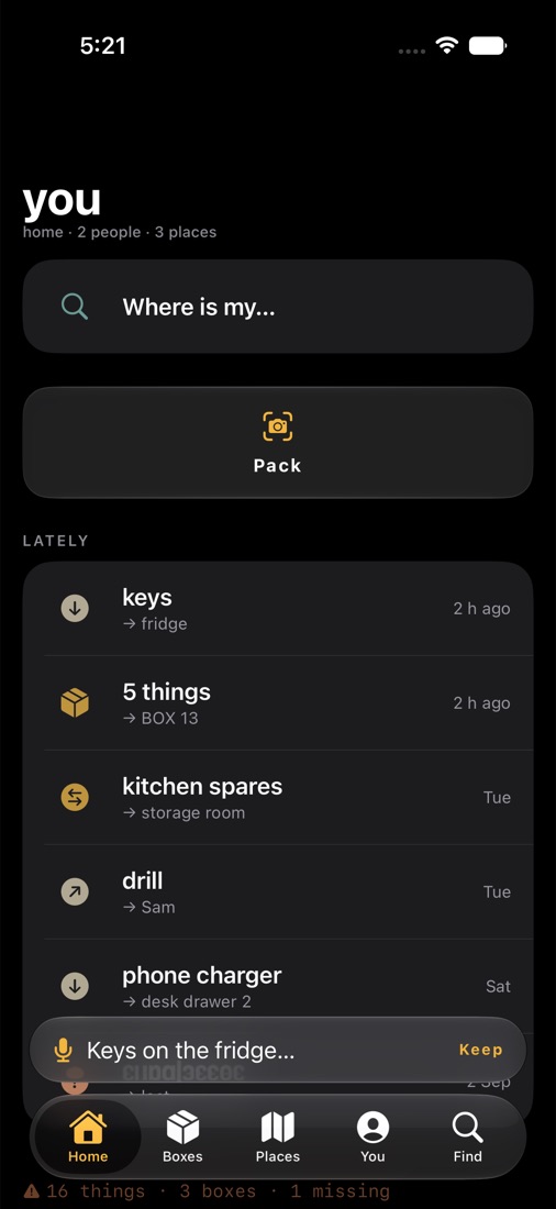SOTHU's home screen: search, pack, and what moved lately.